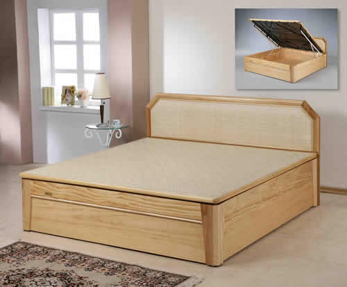 Wooden rattan-surface bed, with an inset showing its lift-up storage compartment.
